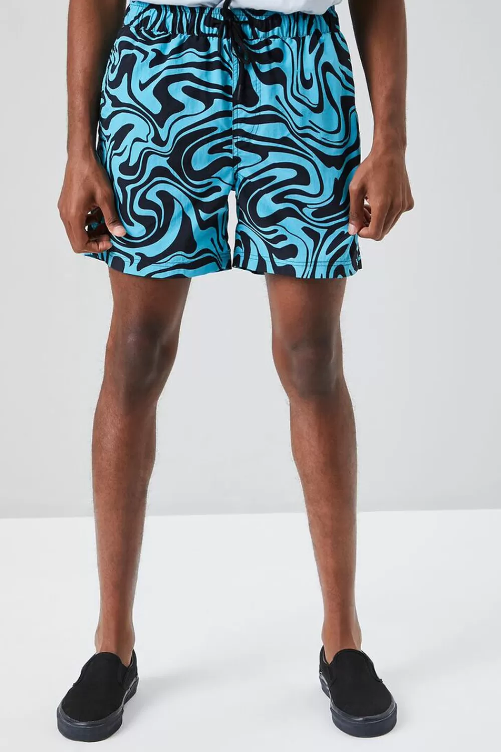 Bottoms>Forever 21 Recycled Nylon Marble Swim Trunks Teal/Black