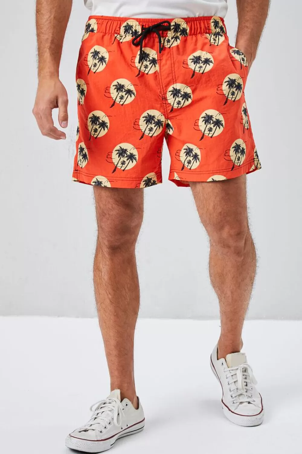 Bottoms>Forever 21 Recycled Nylon Palm Tree Print Swim Trunks Red/Multi
