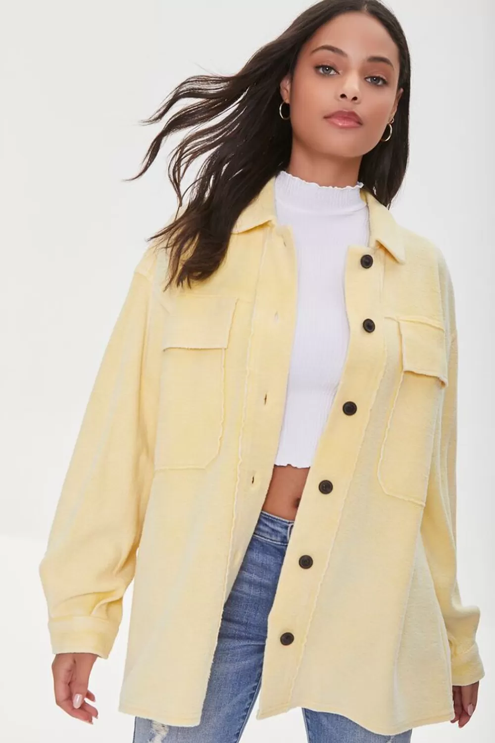 Jackets + Outerwear>Forever 21 Reverse Fleece Drop-Sleeve Shacket Yellow