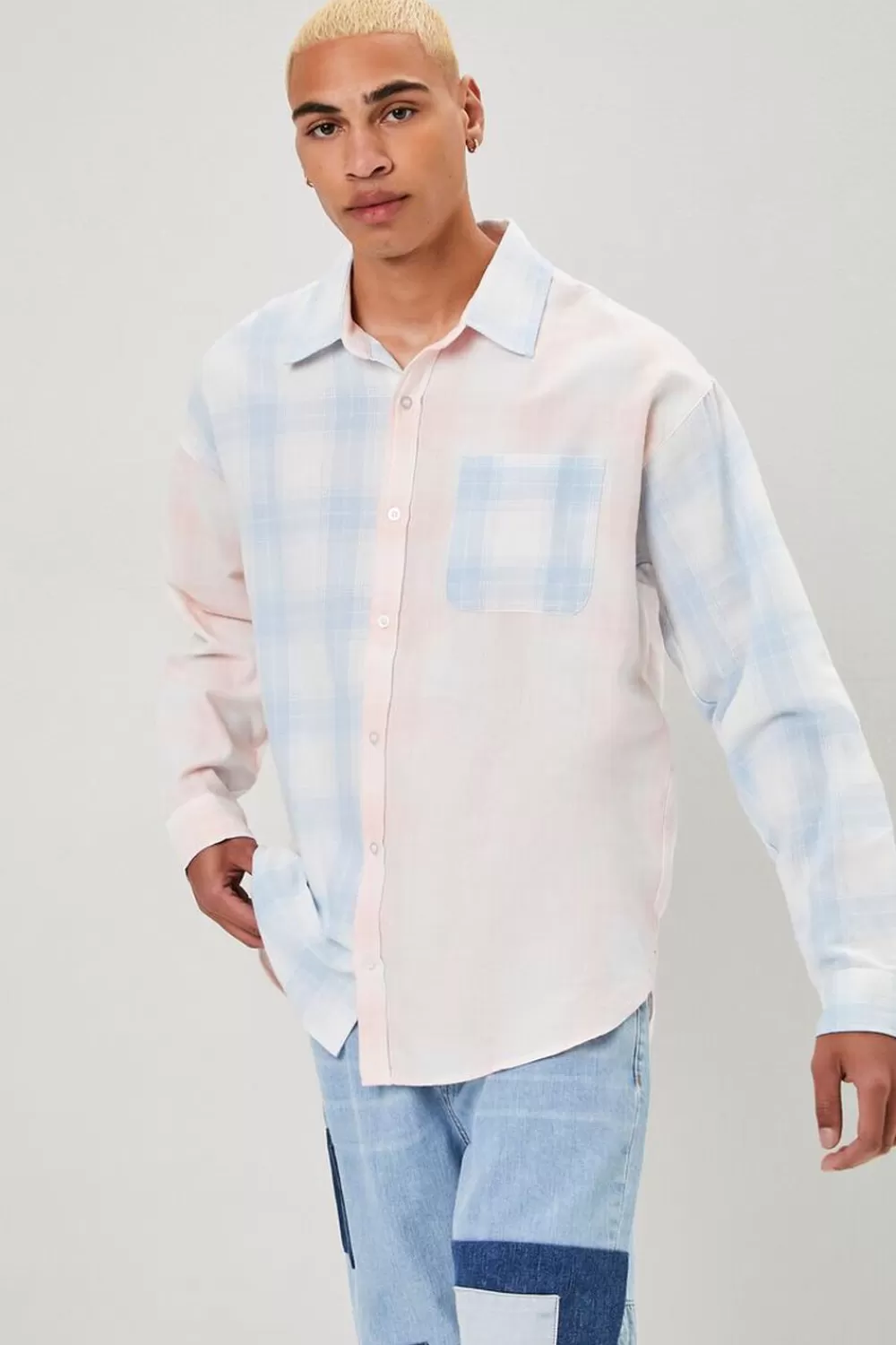 Shirts>Forever 21 Reworked Plaid Button-Front Shirt Light Pink/Blue