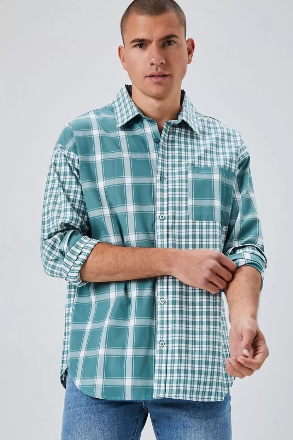 Shirts>Forever 21 Reworked Plaid Button-Front Shirt Green/White