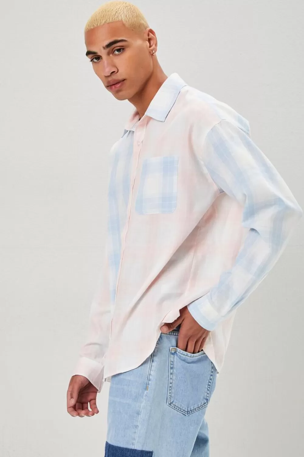 Shirts>Forever 21 Reworked Plaid Button-Front Shirt Light Pink/Blue