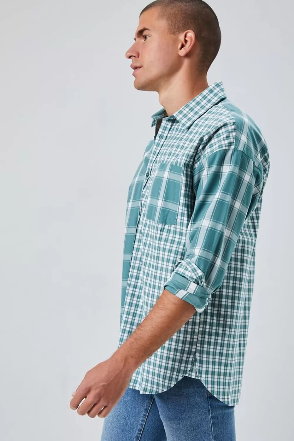 Shirts>Forever 21 Reworked Plaid Button-Front Shirt Green/White