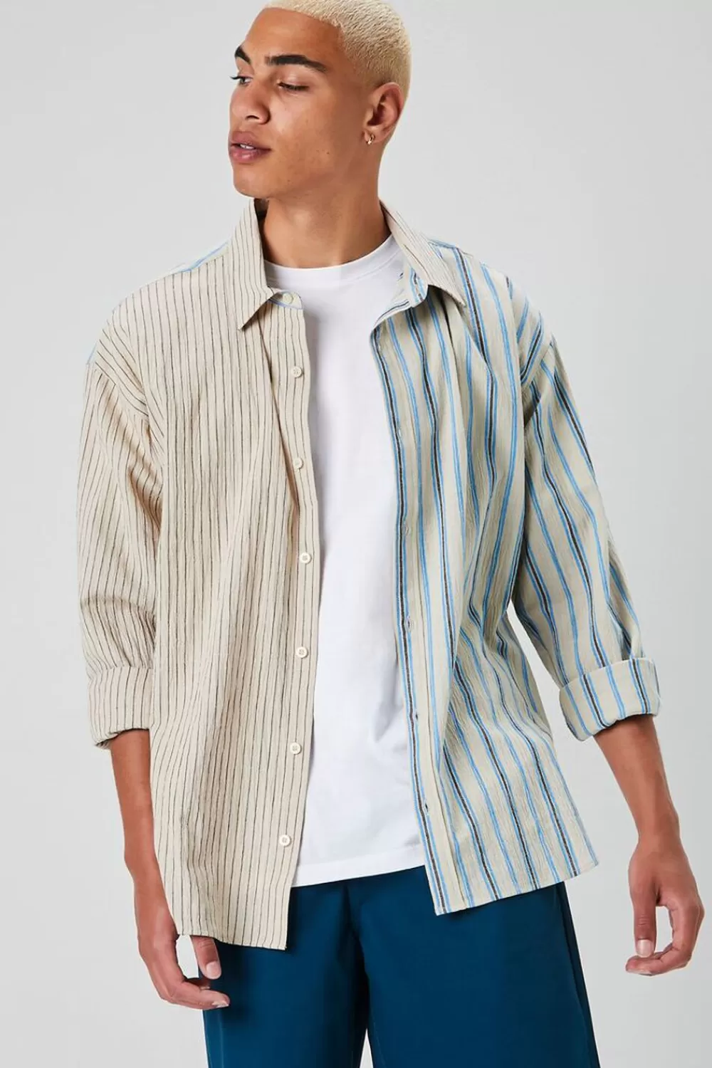 Shirts>Forever 21 Reworked Striped Button-Front Shirt Taupe/Multi
