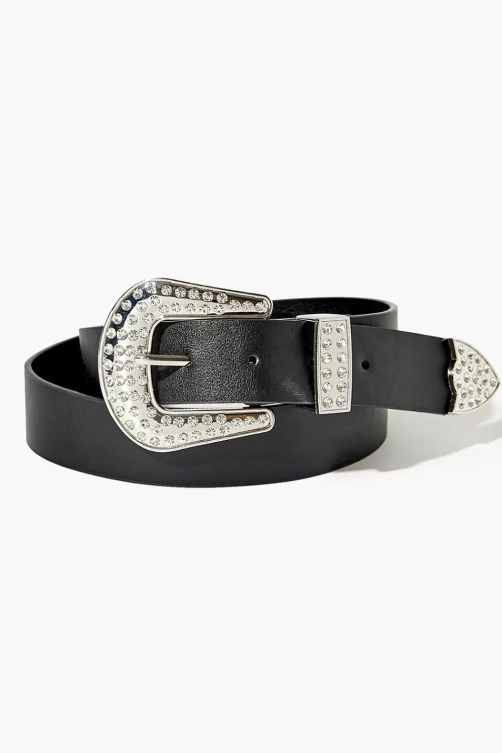 Belts>Forever 21 Rhinestone Buckle Faux Leather Belt Black/Silver