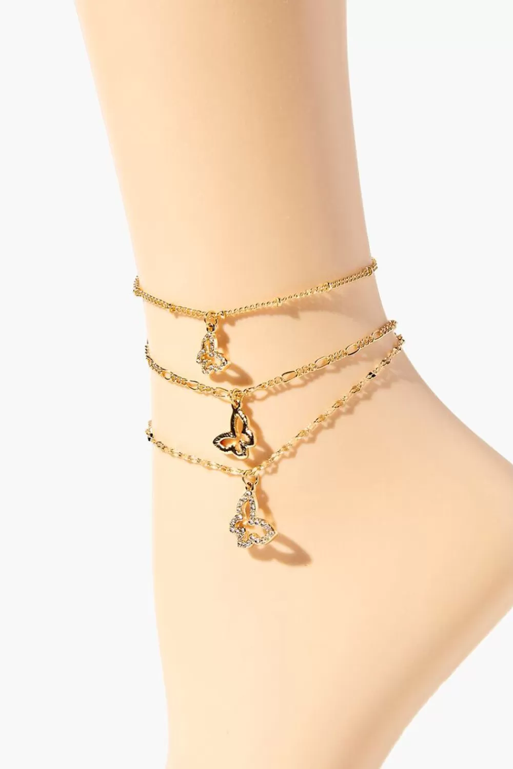 Body Jewelry>Forever 21 Rhinestone Butterfly Anklet Set Gold/Clear
