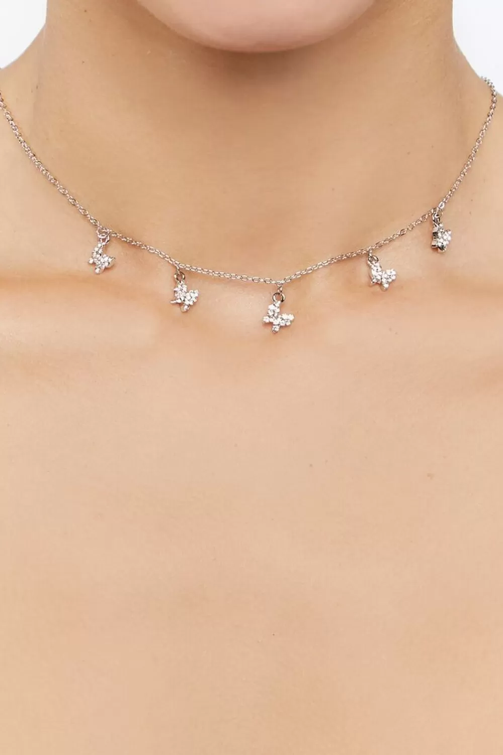 Necklaces>Forever 21 Rhinestone Butterfly Charm Necklace Silver/Clear