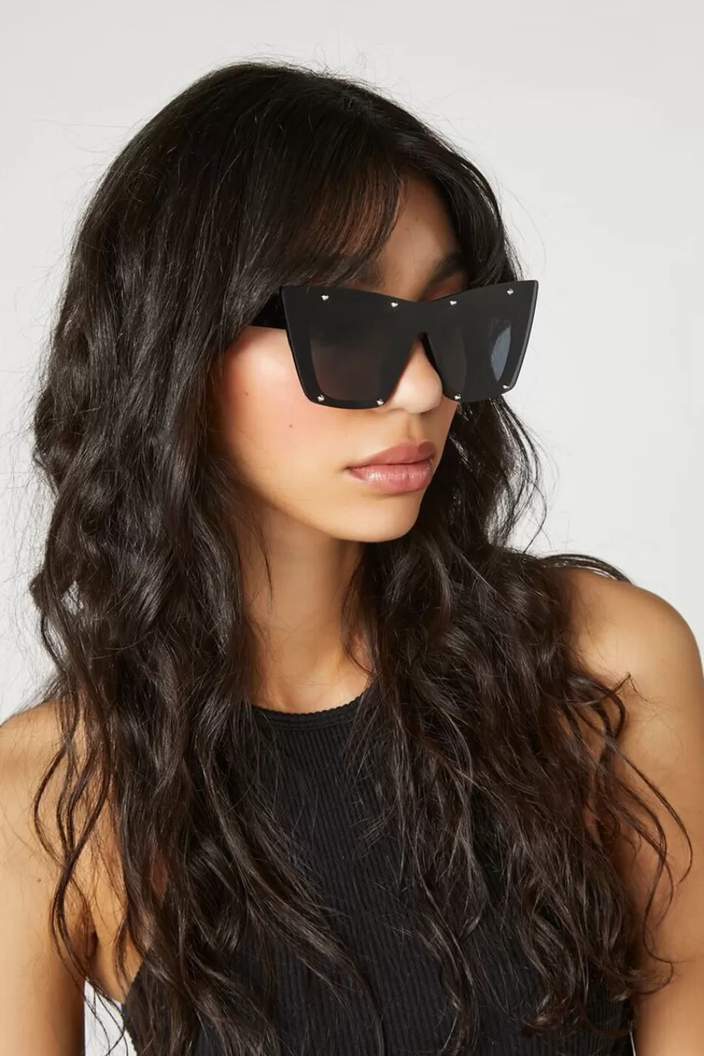 Sunglasses + Readers>Forever 21 Rhinestone Car-Eye Sunglasses Black/Black