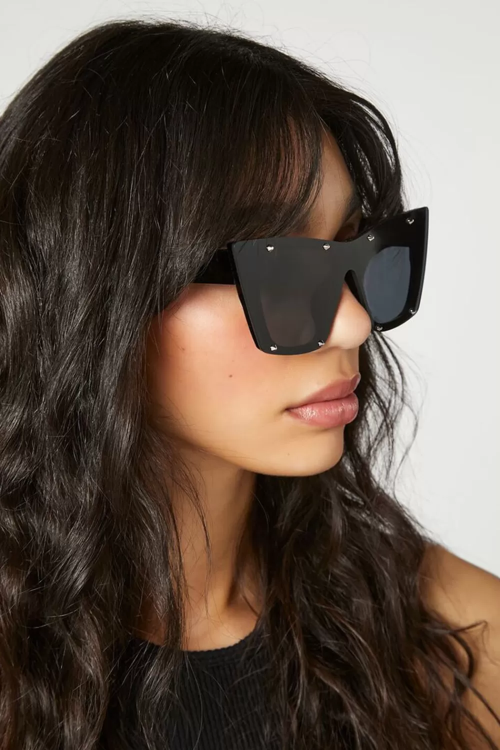 Sunglasses + Readers>Forever 21 Rhinestone Car-Eye Sunglasses Black/Black
