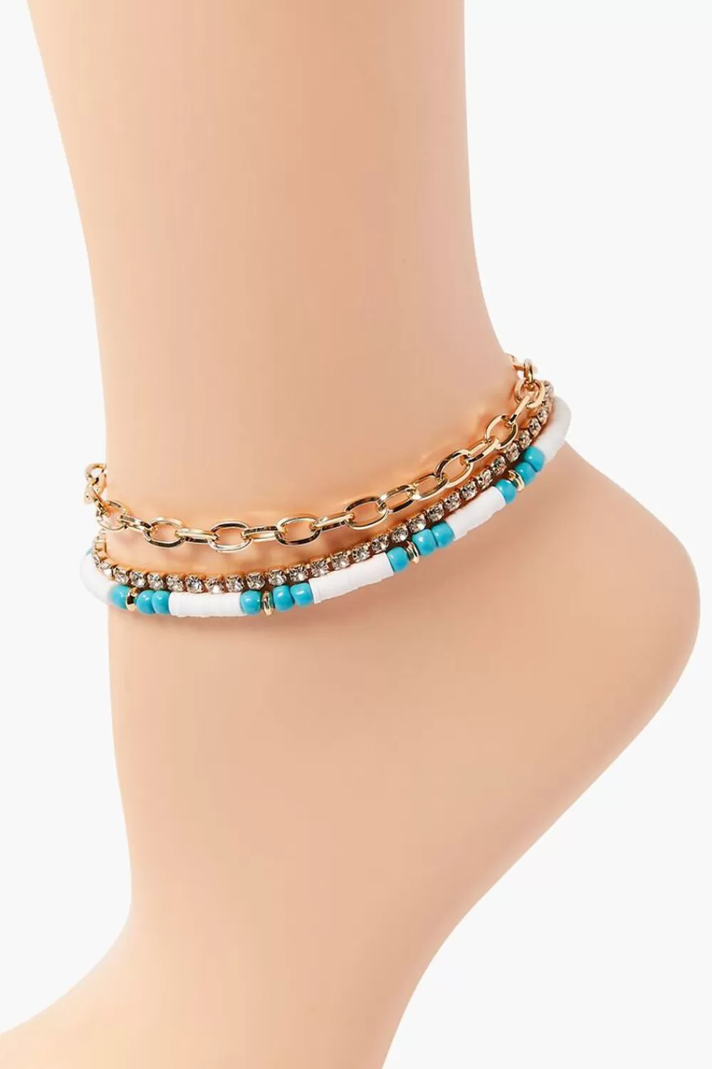 Body Jewelry>Forever 21 Rhinestone Chain Anklet Set White/Turquoise
