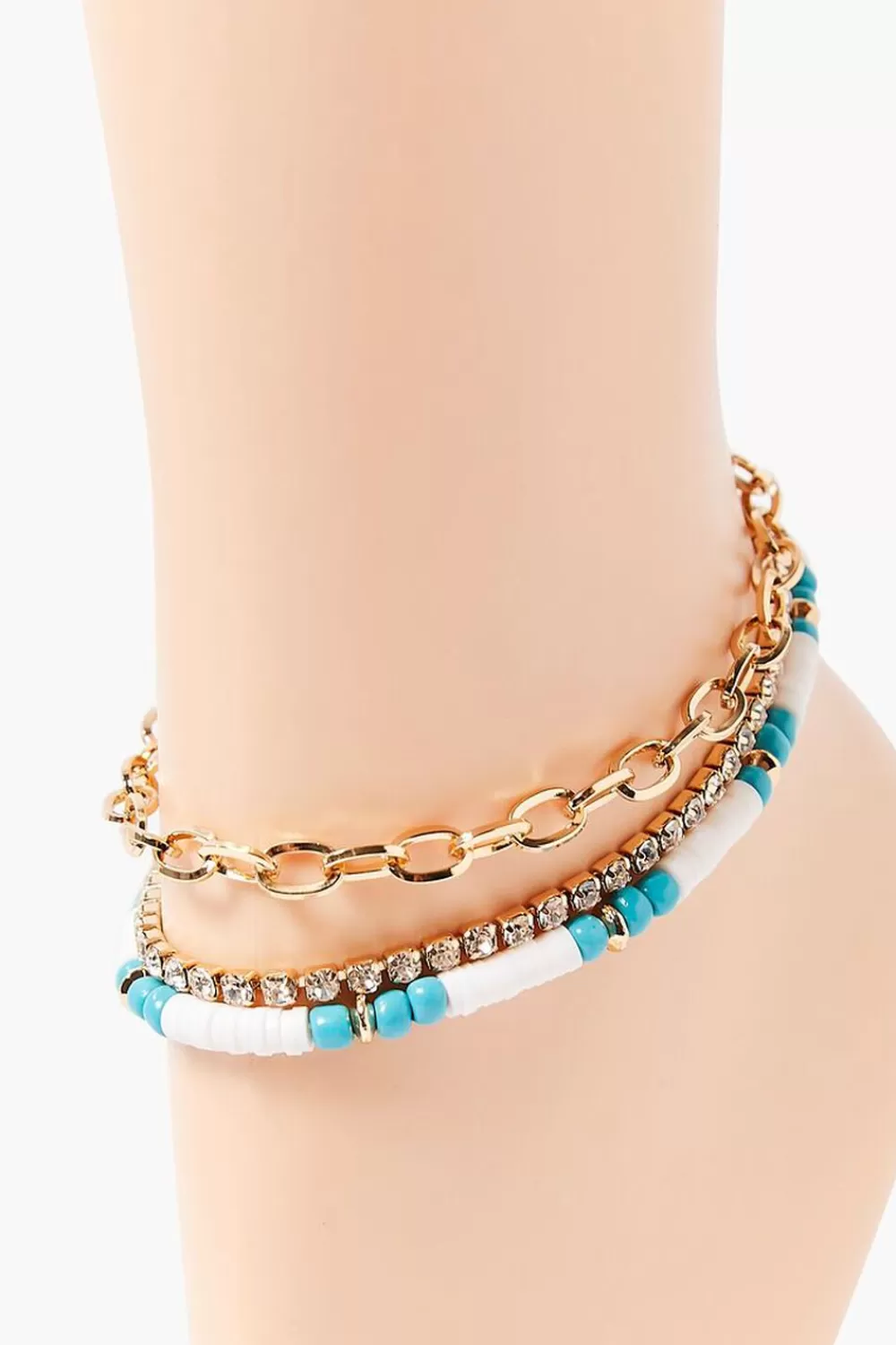 Body Jewelry>Forever 21 Rhinestone Chain Anklet Set White/Turquoise