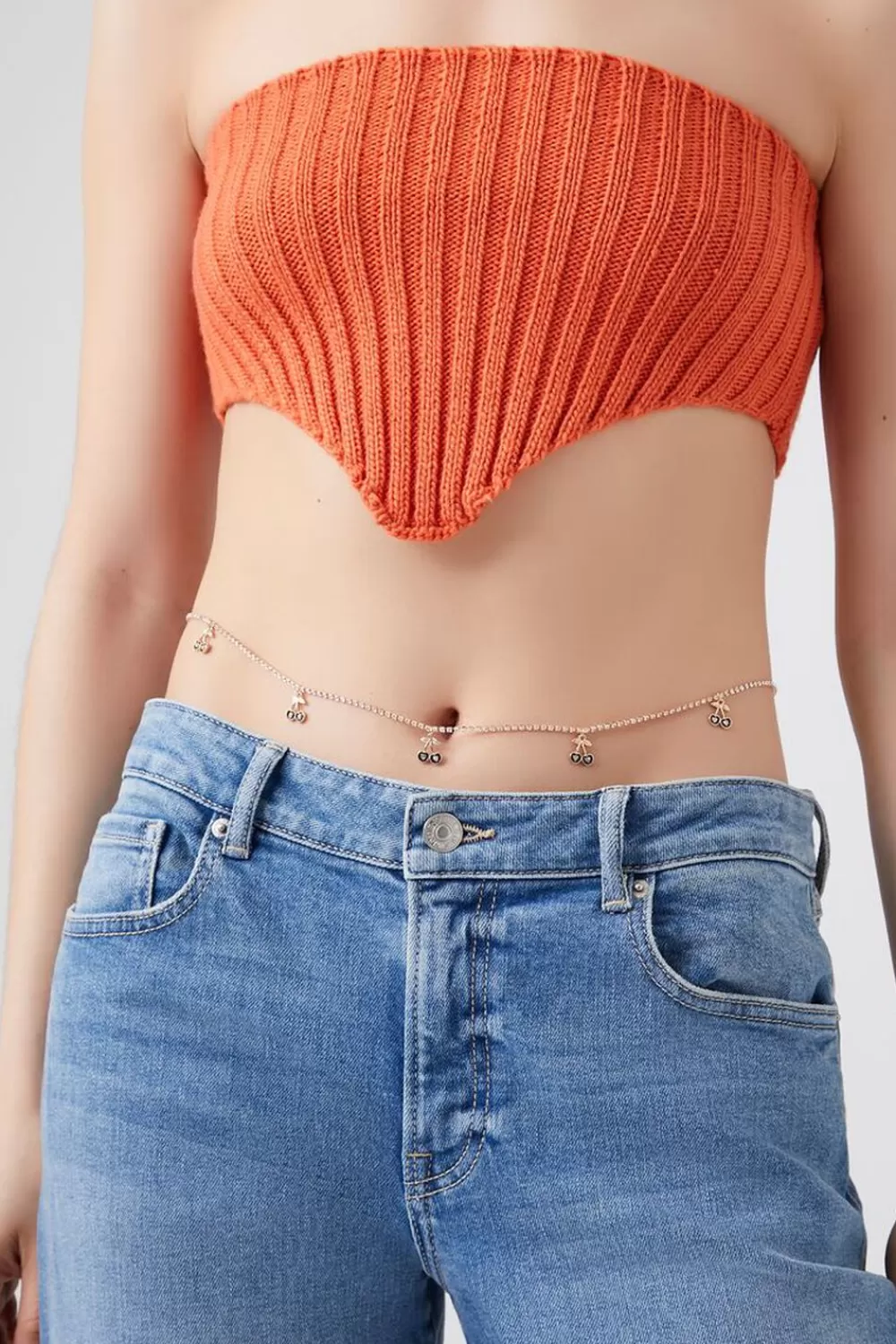 Body Jewelry>Forever 21 Rhinestone Cherry Charm Belly Chain Gold/Black