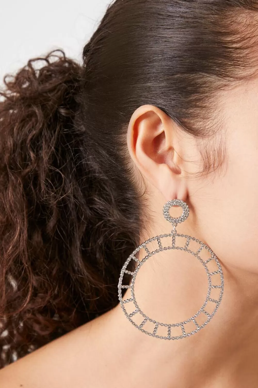 Earrings>Forever 21 Rhinestone Drop-Hoop Earrings Silver/Clear