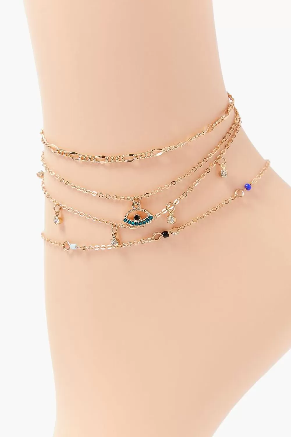 Body Jewelry>Forever 21 Rhinestone Evil Eye Charm Anklet Set Gold/Blue