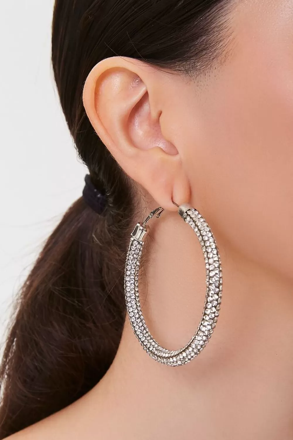 Earrings>Forever 21 Rhinestone Hoop Earrings Silver/Clear