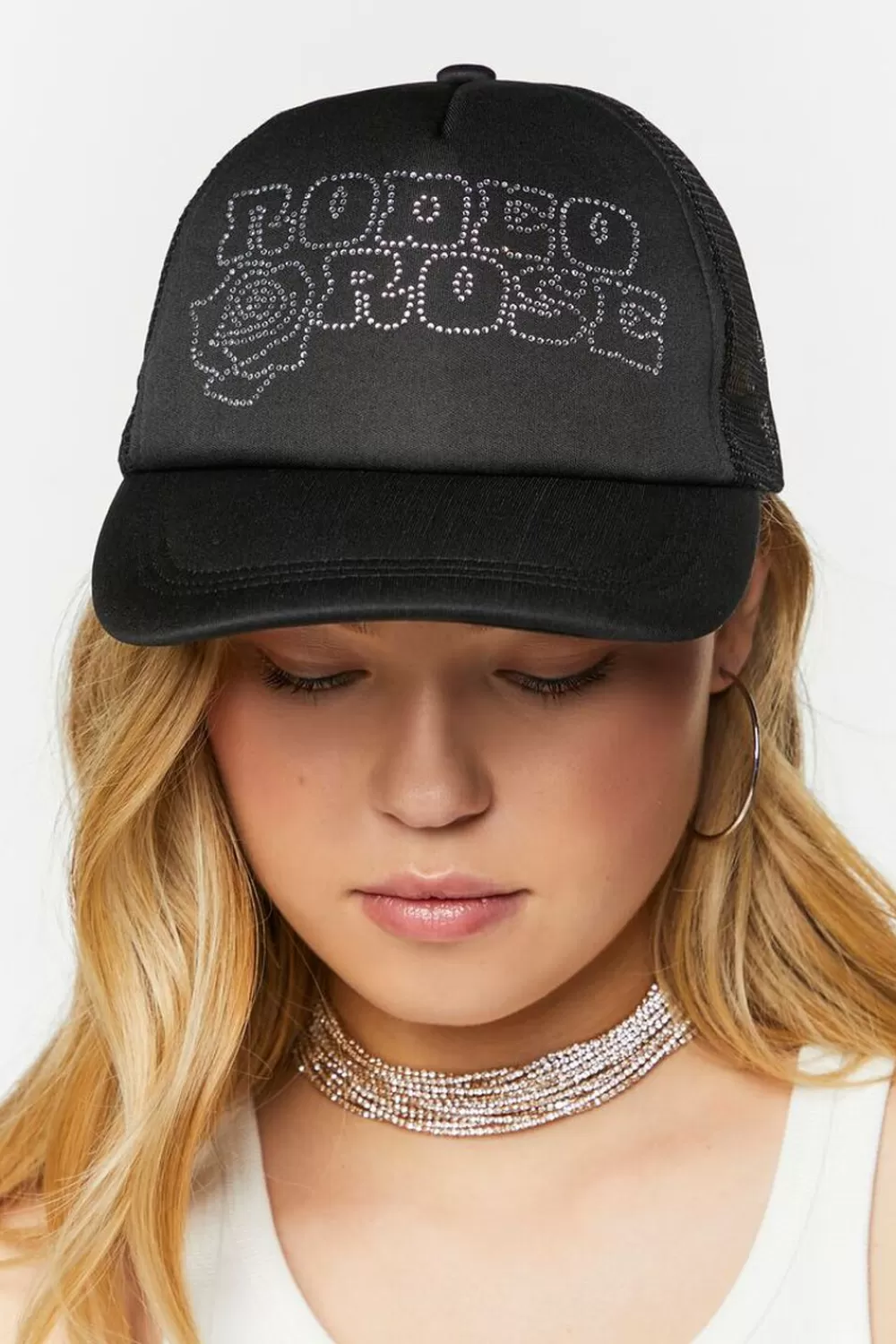 Hats + Beanies>Forever 21 Rhinestone Rodeo Rose Trucker Hat Black/Silver