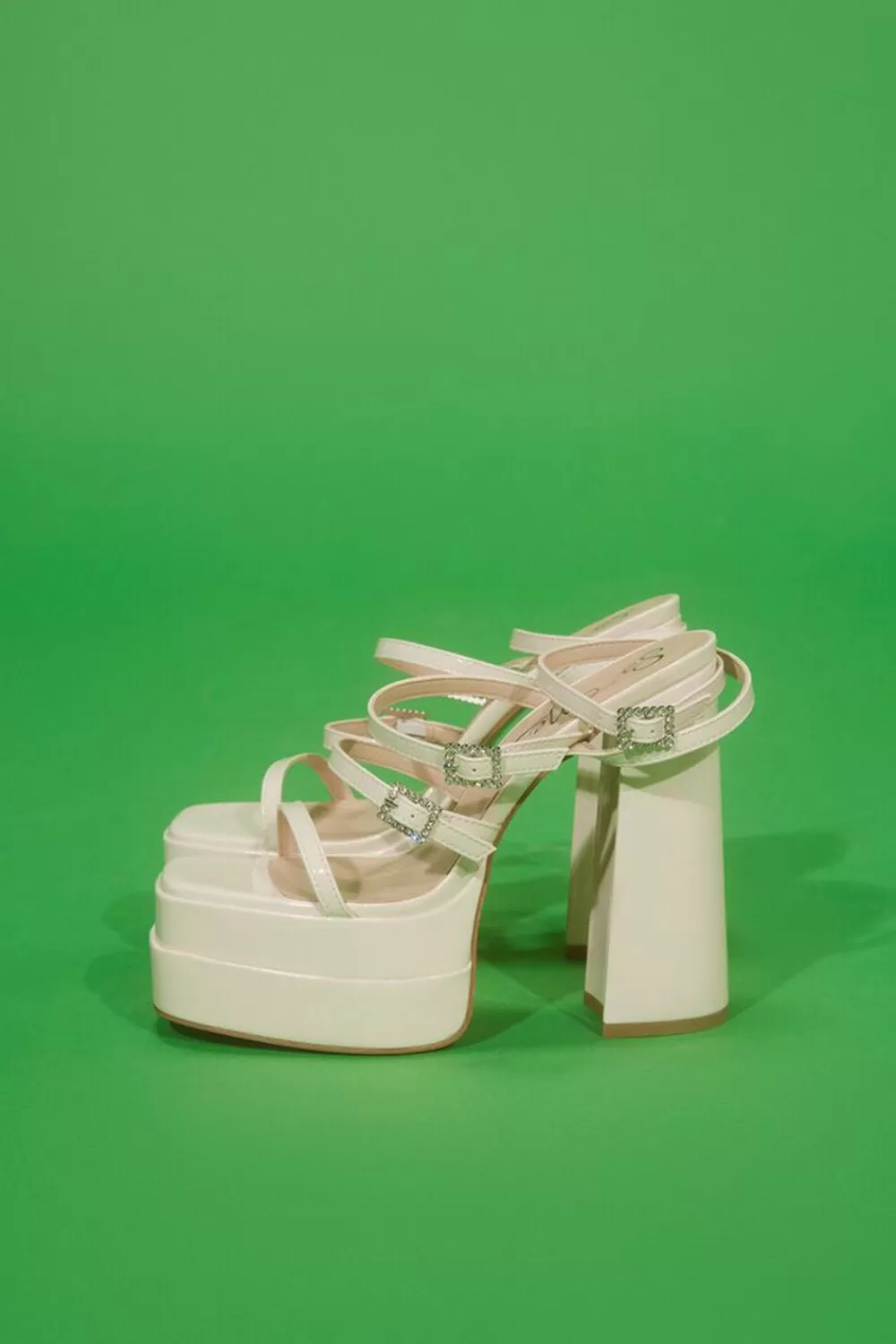 Heels>Forever 21 Rhinestone-Buckled Platform Heels Cream