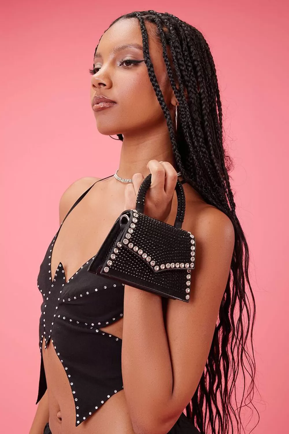 Bags + Backpacks>Forever 21 Rhinestone-Studded Mini Crossbody Bag Black