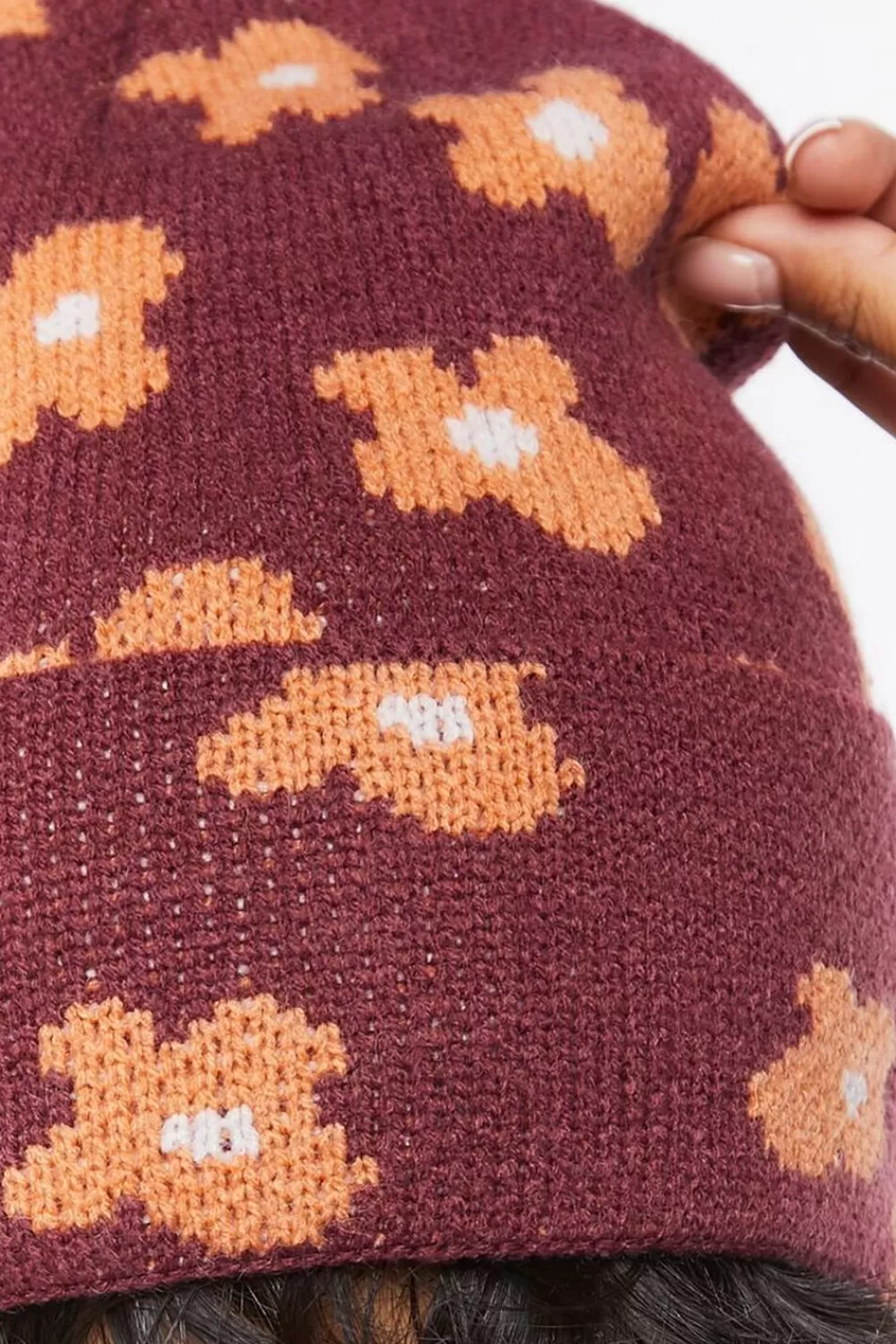 Hats + Beanies>Forever 21 Ribbed Knit Floral Beanie Burgundy/Multi