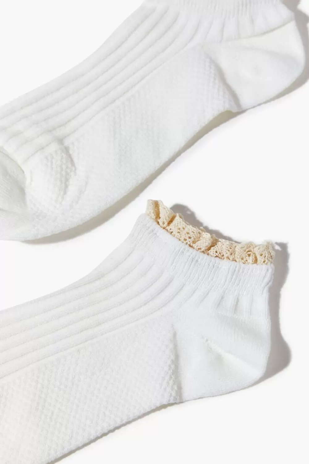 Socks + Tights>Forever 21 Ribbed Lace-Trim Ankle Socks Cream