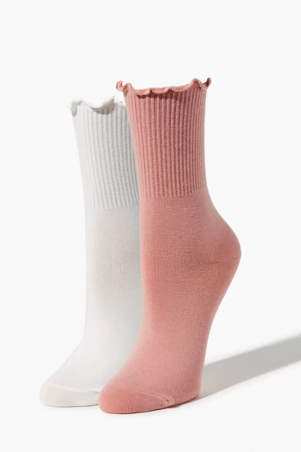 Socks + Tights>Forever 21 Ribbed Lettuce-Edge Crew Sock Set White/Pink