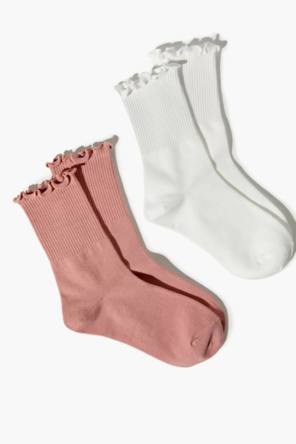 Socks + Tights>Forever 21 Ribbed Lettuce-Edge Crew Sock Set White/Pink
