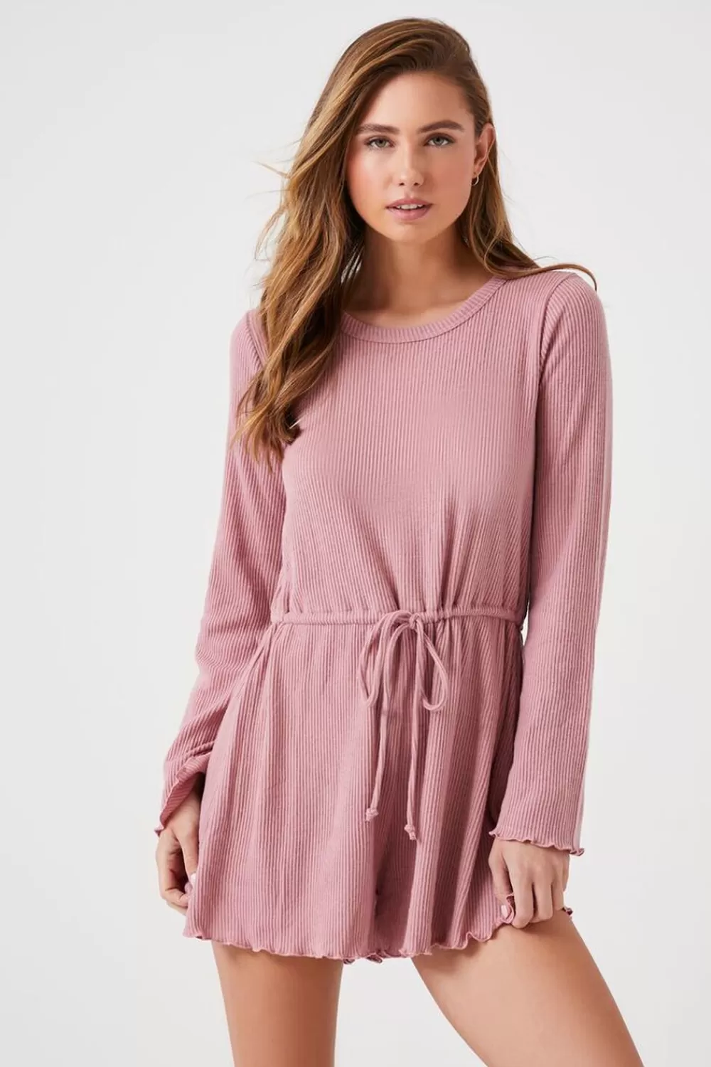 Rompers + Jumpsuits>Forever 21 Ribbed Lettuce-Edge Romper Mauve