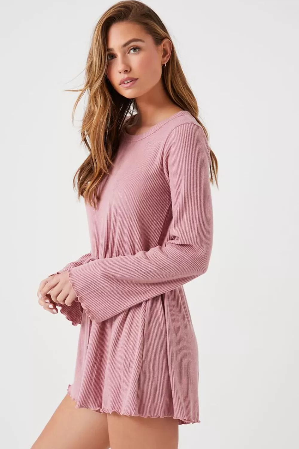 Rompers + Jumpsuits>Forever 21 Ribbed Lettuce-Edge Romper Mauve