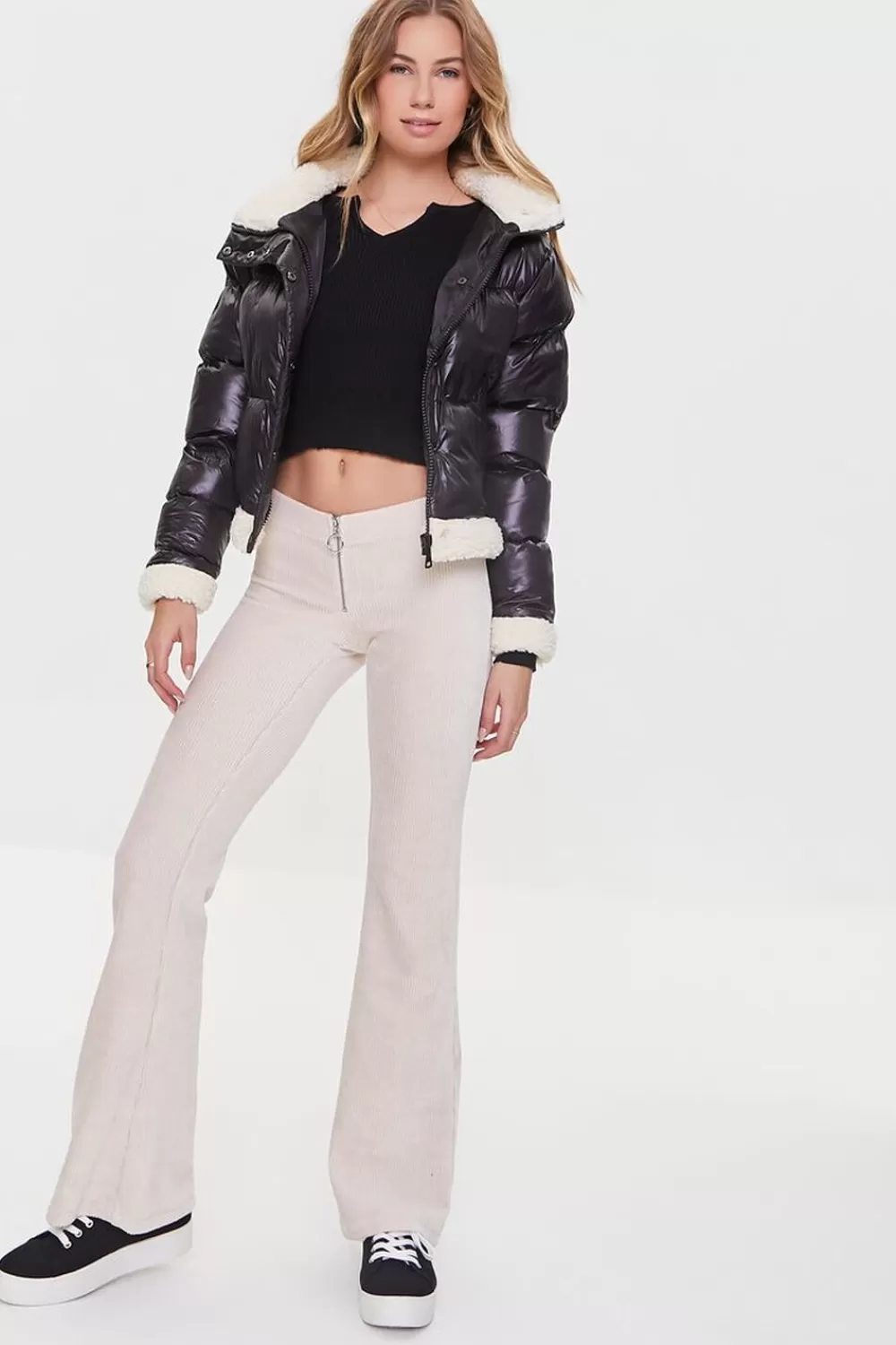 Bottoms>Forever 21 Ribbed Pull-Ring Flare Pants Beige