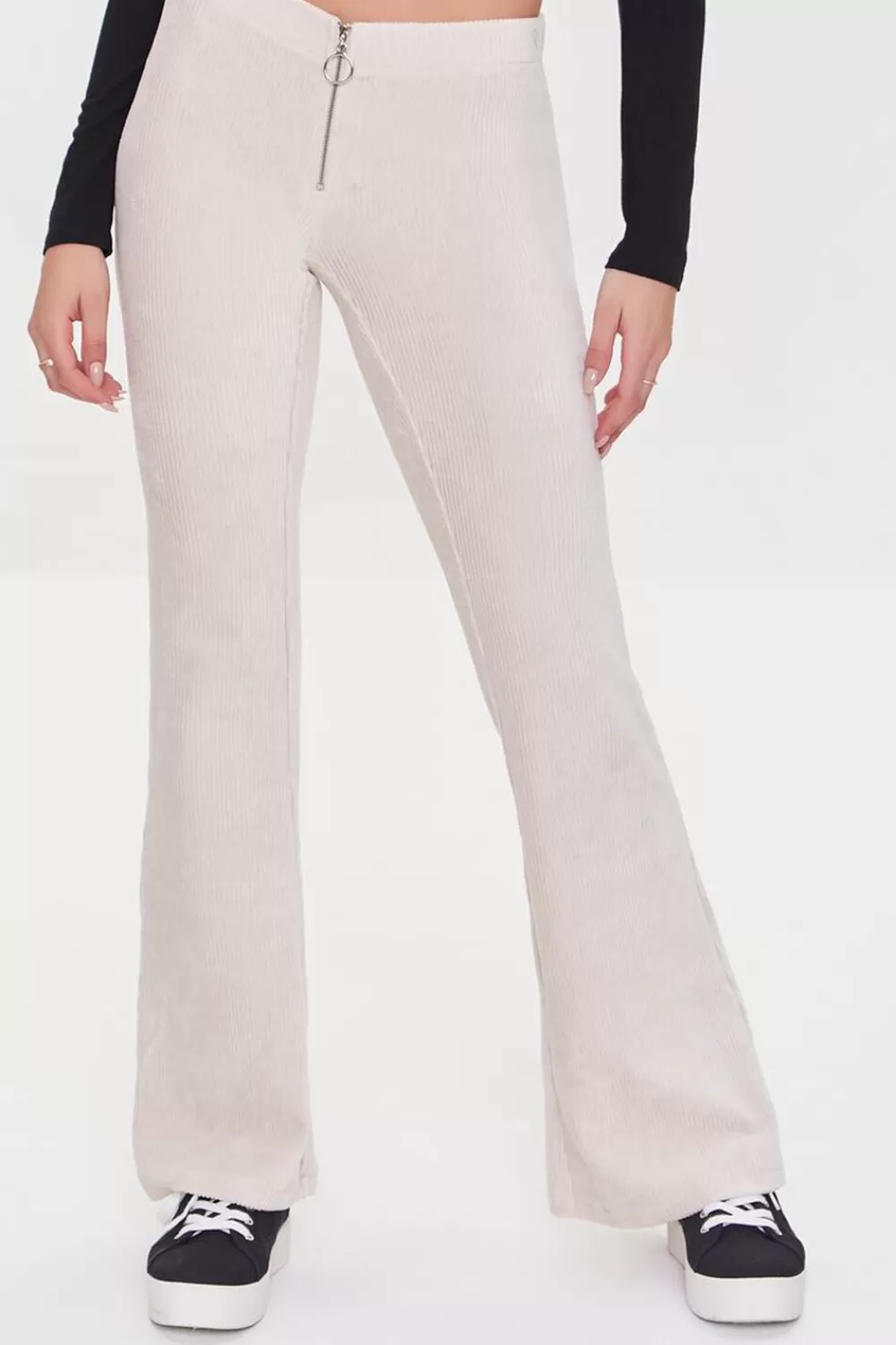 Bottoms>Forever 21 Ribbed Pull-Ring Flare Pants Beige