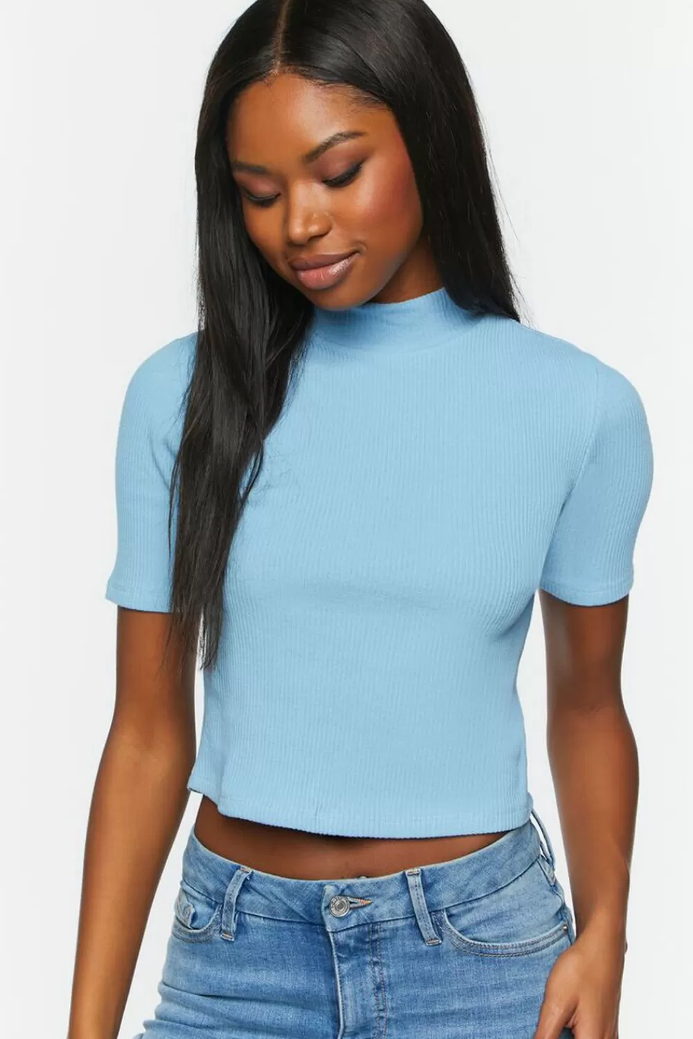 Forever 21 Ribbed Short-Sleeve Mock Neck Top | Women Tops