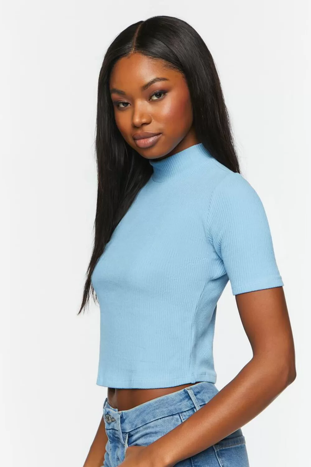 Forever 21 Ribbed Short-Sleeve Mock Neck Top | Women Tops