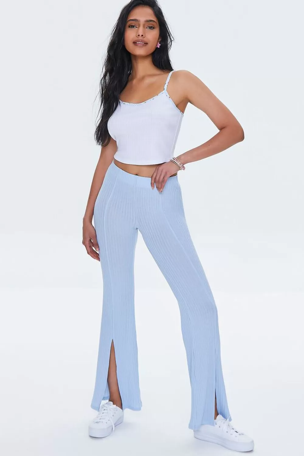 Bottoms>Forever 21 Ribbed Split-Hem Pants Sky Blue