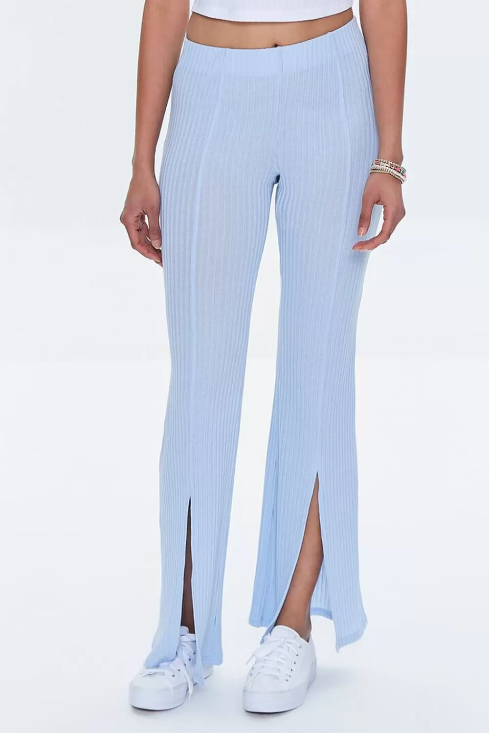 Bottoms>Forever 21 Ribbed Split-Hem Pants Sky Blue