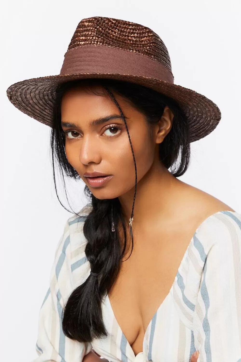 Hats + Beanies>Forever 21 Ribbon-Trim Straw Fedora Dark Brown