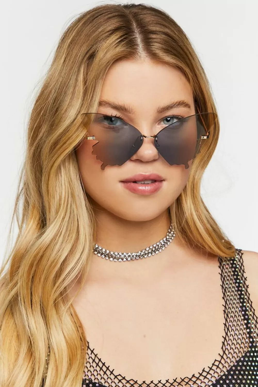 Sunglasses + Readers>Forever 21 Rimless Butterfly Sunglasses Gold/Green
