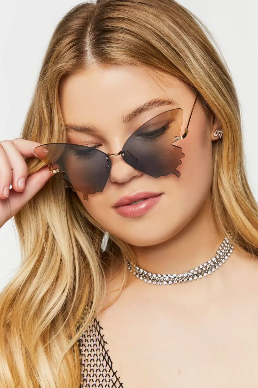 Sunglasses + Readers>Forever 21 Rimless Butterfly Sunglasses Gold/Green