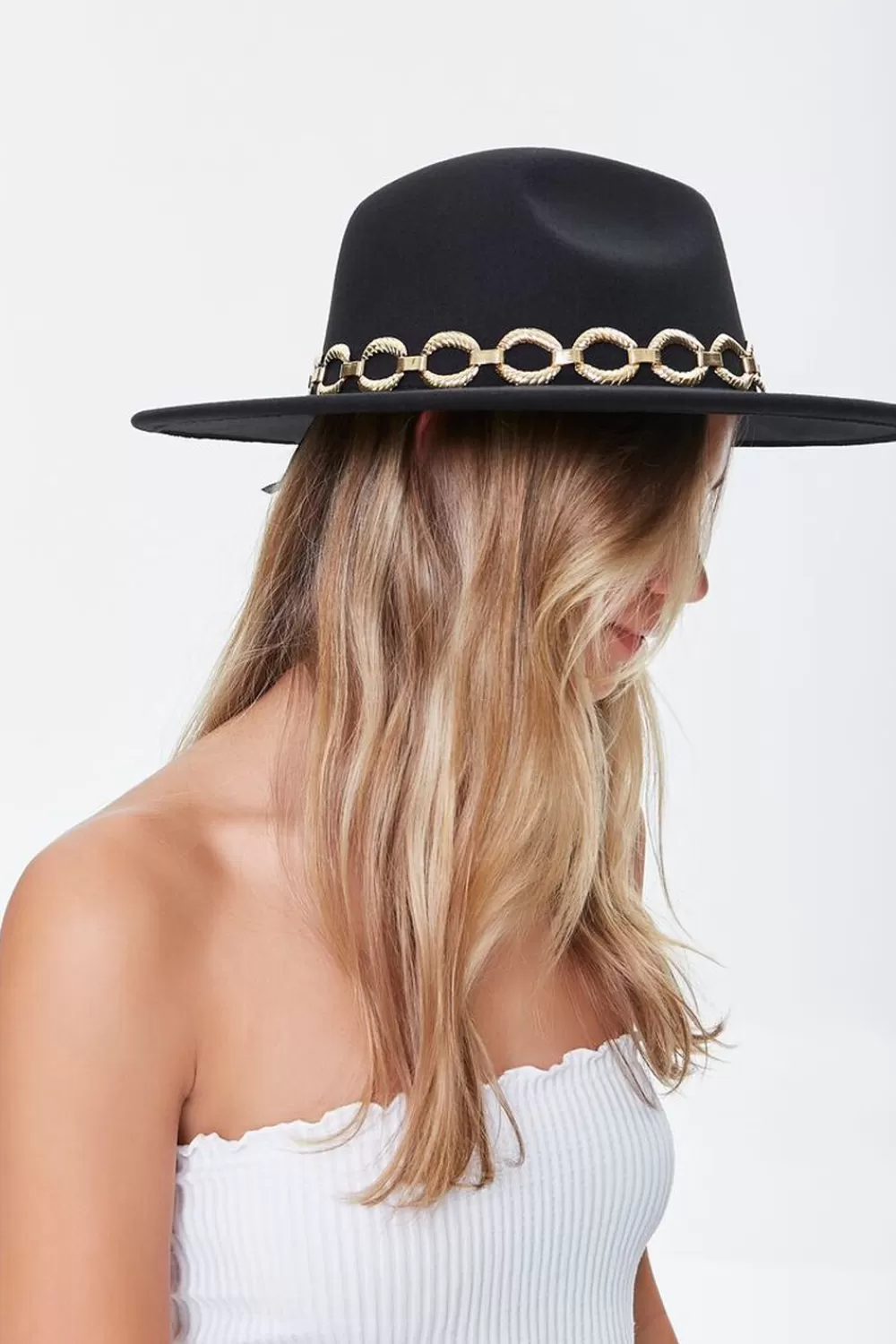 Hats + Beanies>Forever 21 Rolo Chain-Trim Cowboy Hat Black/Gold