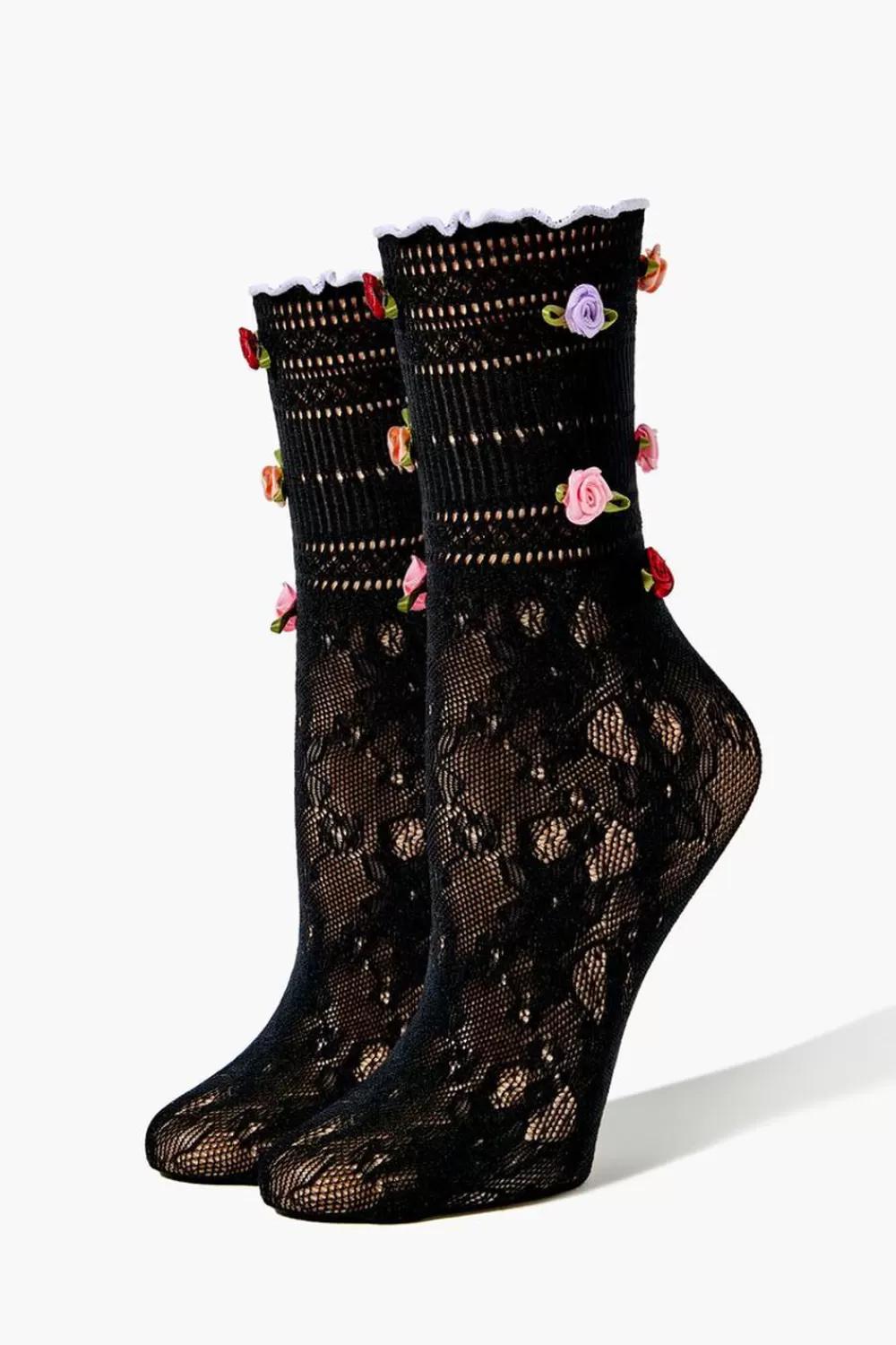 Socks + Tights>Forever 21 Rose Applique Lace Crew Socks Black/Multi
