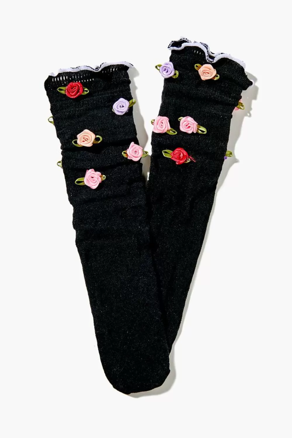 Socks + Tights>Forever 21 Rose Applique Lace Crew Socks Black/Multi