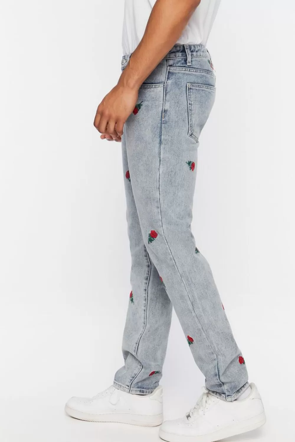 Jeans + Denim>Forever 21 Rose Embroidered Slim-Fit Jeans Light Denim
