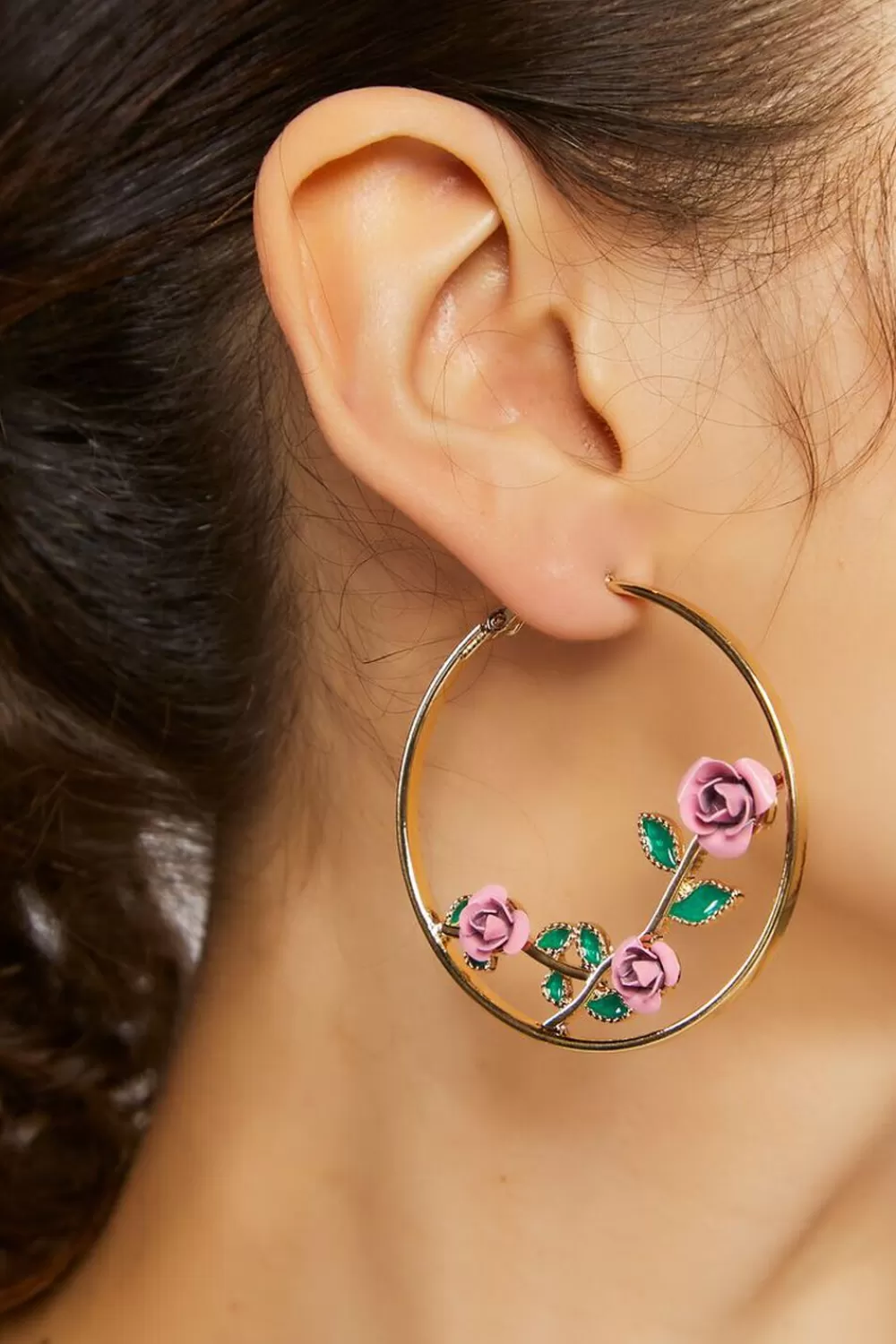 Earrings>Forever 21 Rose Hoop Earrings Pink/Gold