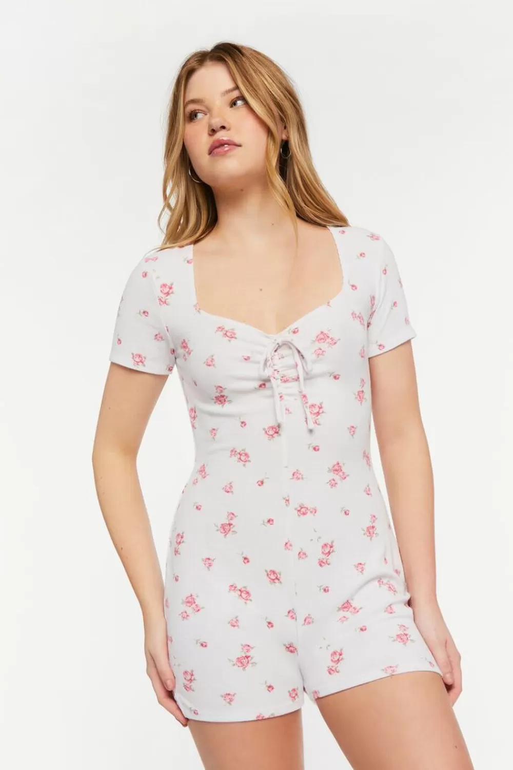 Loungewear>Forever 21 Rose Print Ruched Lounge Romper White/Pink