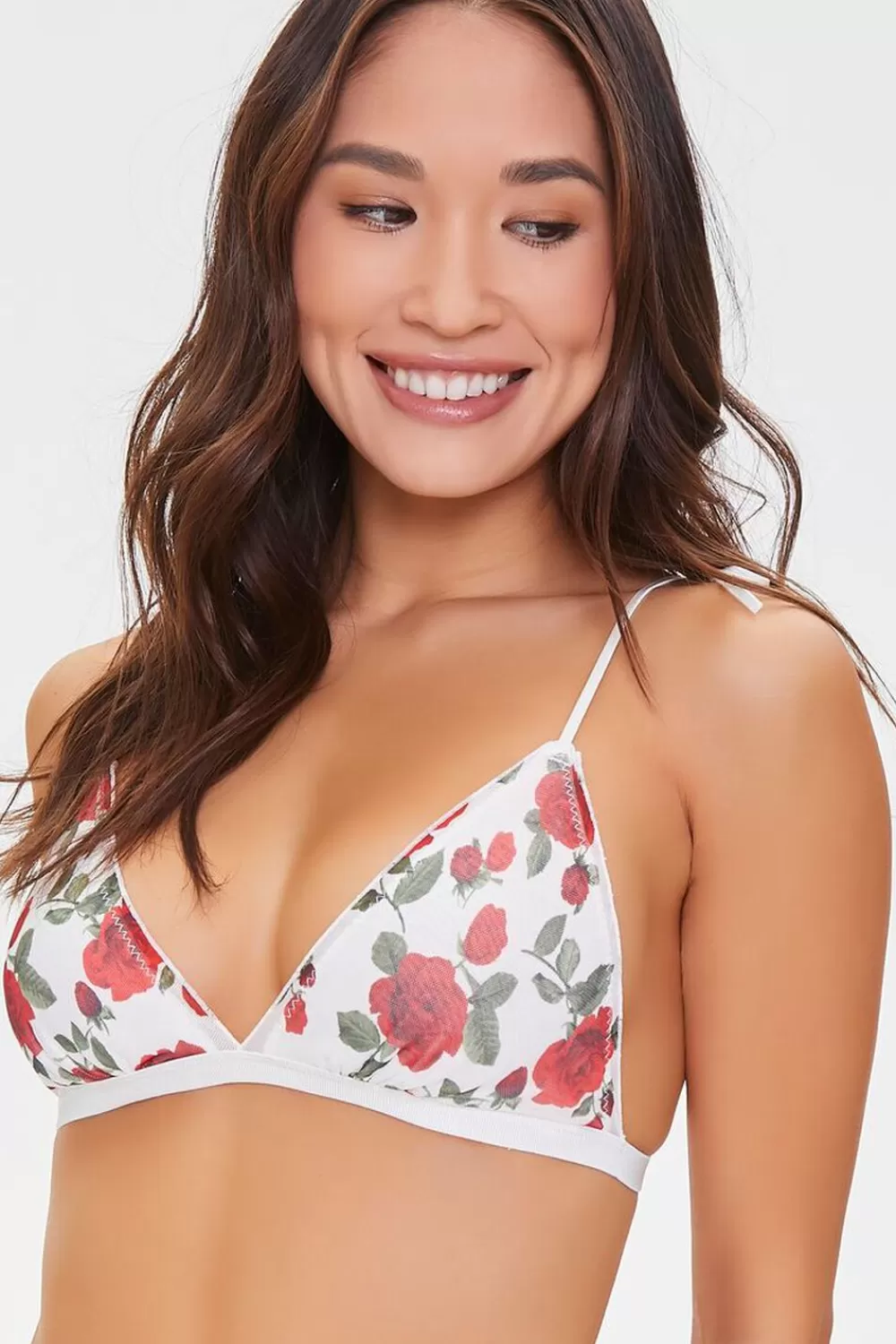 Loungewear>Forever 21 Rose Print Self-Tie Mesh Bralette Ivory/Red