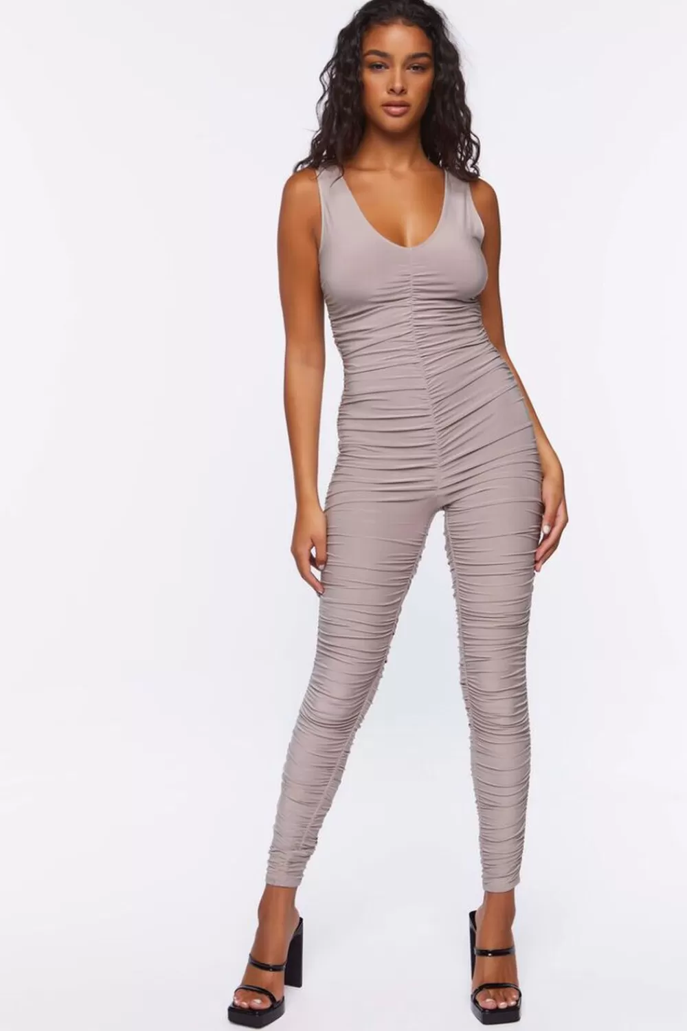 Rompers + Jumpsuits>Forever 21 Ruched Cutout Jumpsuit Grey Violet
