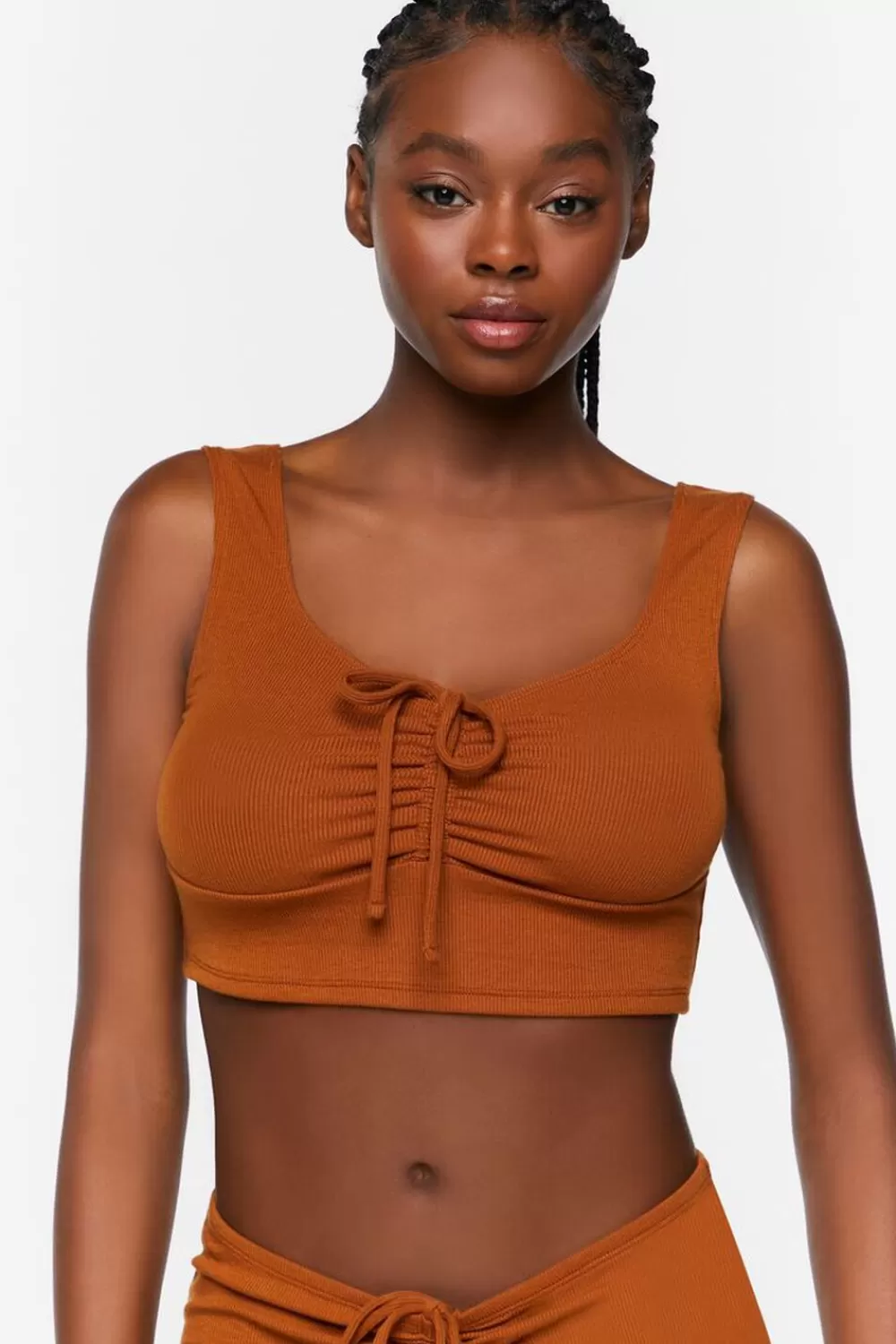 Matching Sets>Forever 21 Ruched Drawstring Lounge Crop Top Root Beer