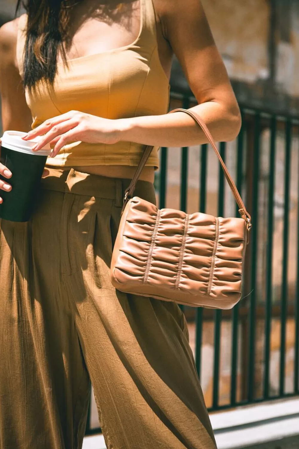 Bags + Backpacks>Forever 21 Ruched Faux Leather Crossbody Bag Tan