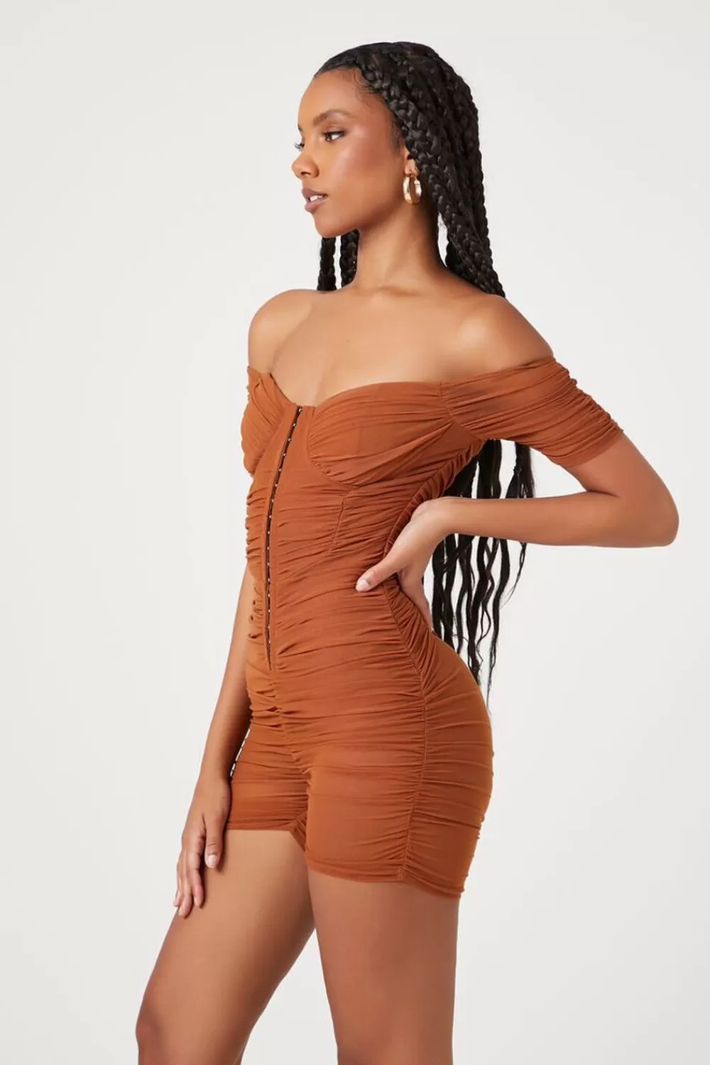 Rompers + Jumpsuits>Forever 21 Ruched Mesh Sweetheart Romper Camel