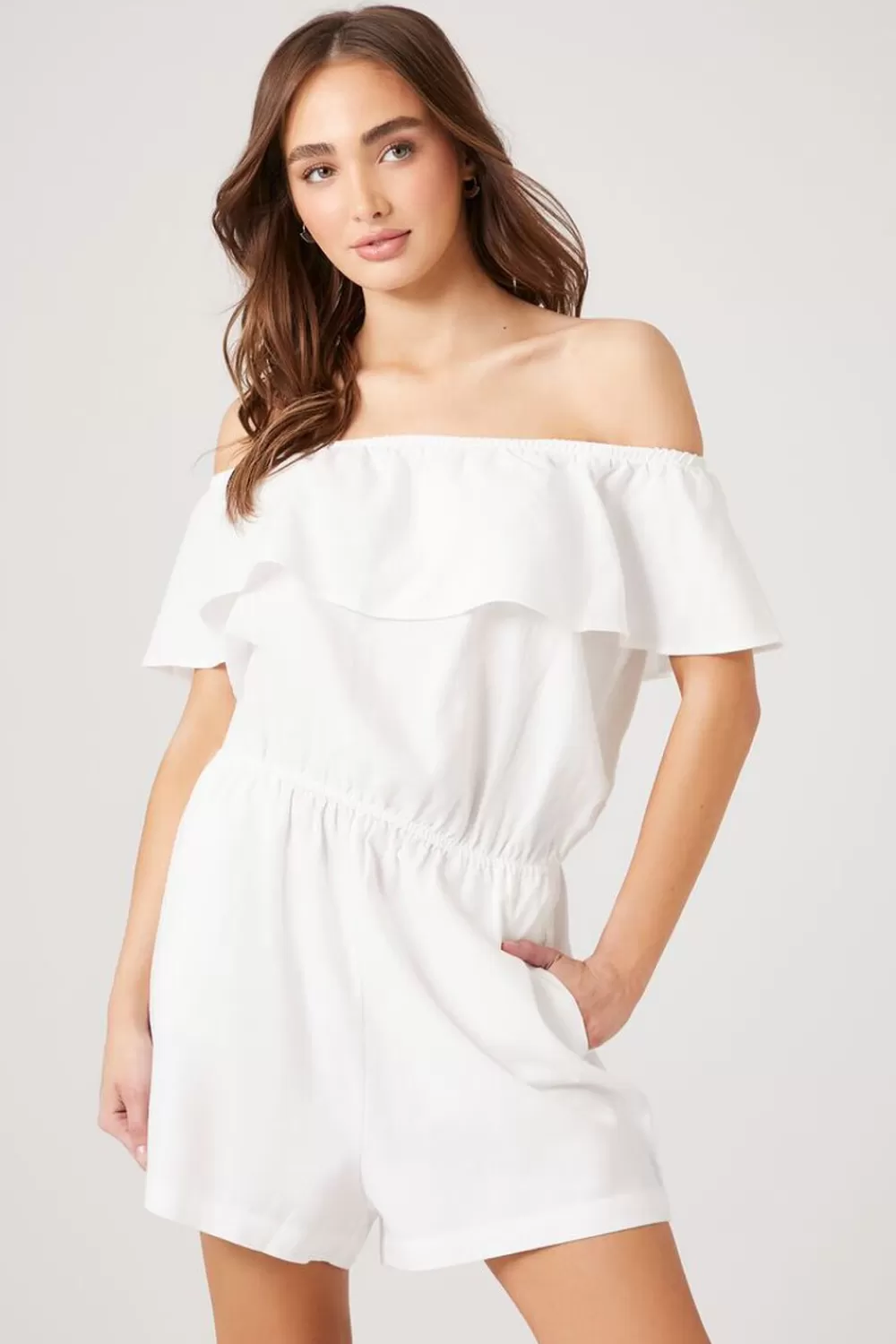 Rompers + Jumpsuits>Forever 21 Ruffle Off-The-Shoulder Romper White