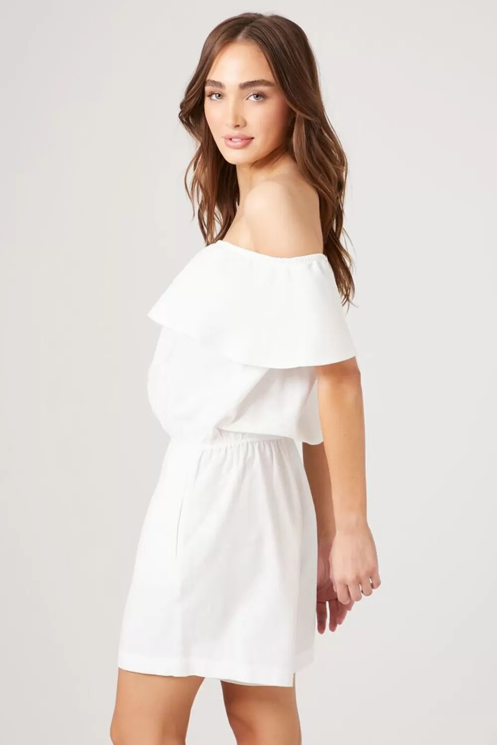Rompers + Jumpsuits>Forever 21 Ruffle Off-The-Shoulder Romper White